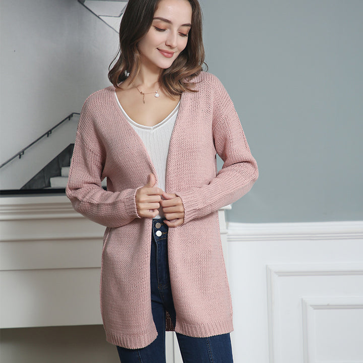 Women Longline Knit Cardigan without Closure with Open Front and Fine Rib Edge Mune Fashion
