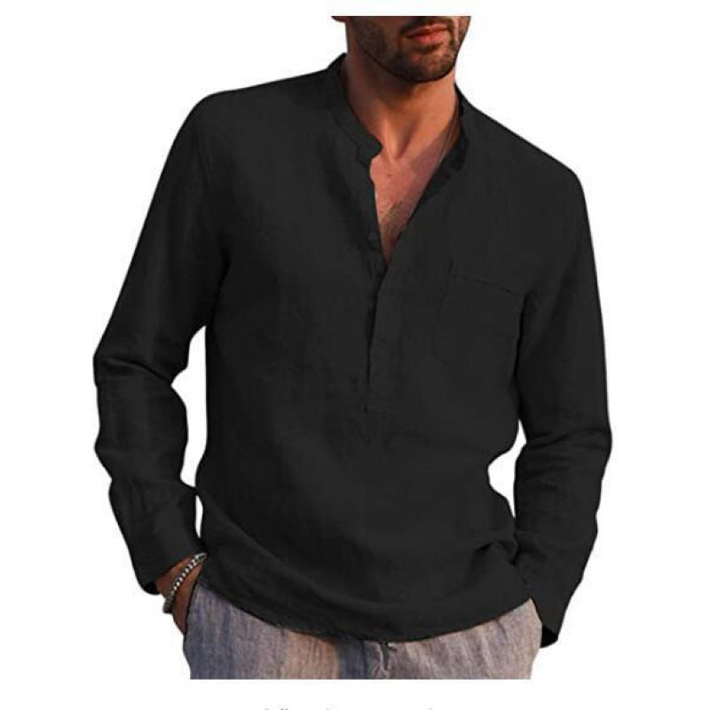Men's Lightweight Linen Shirt with Stand Collar, Half Button Placket and Chest Pocket Mune Fashion