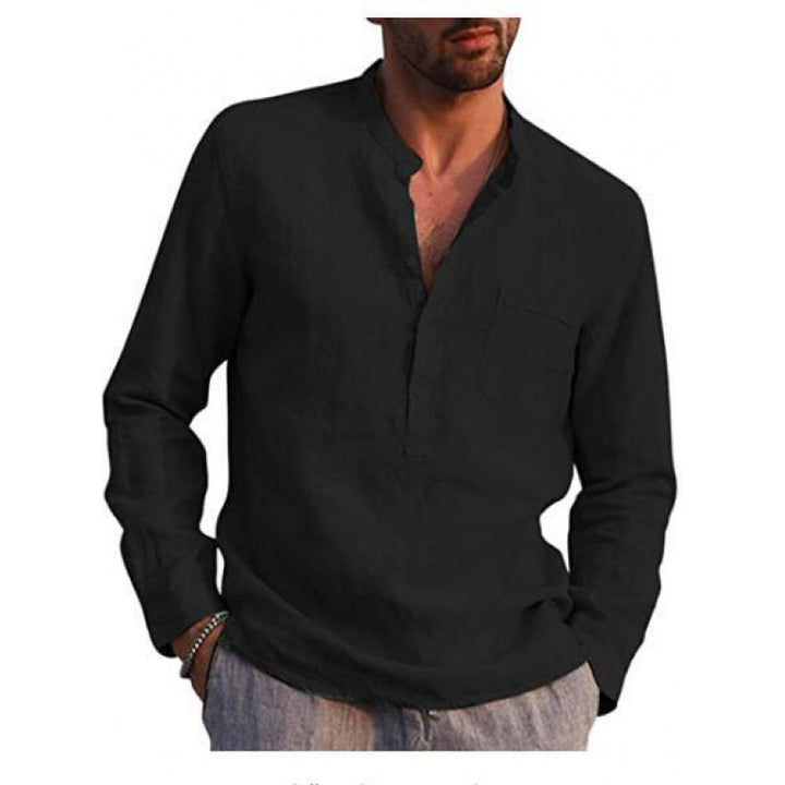 Men's Lightweight Linen Shirt with Stand Collar, Half Button Placket and Chest Pocket Mune Fashion