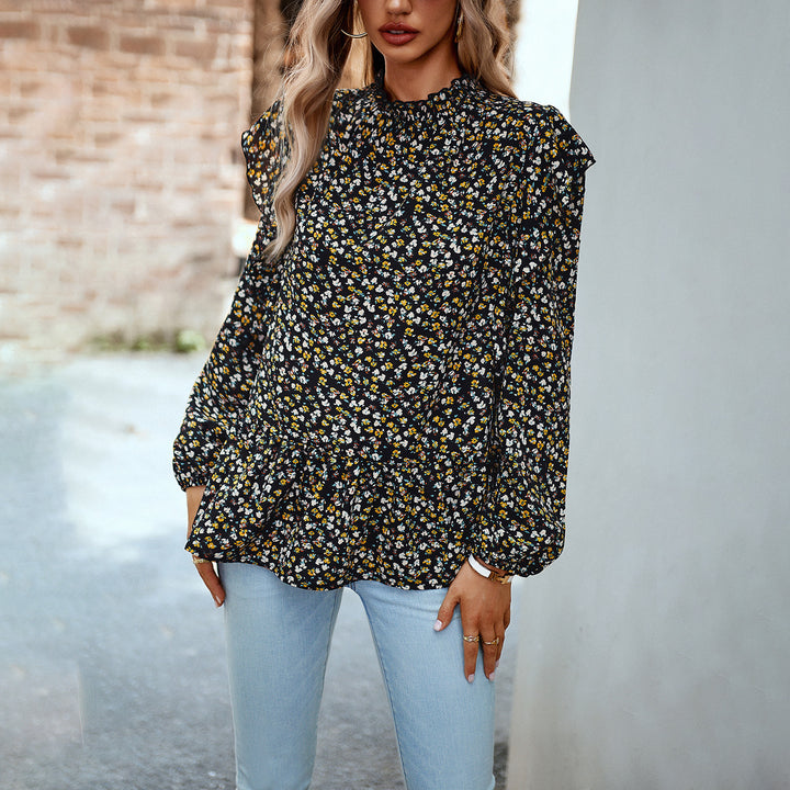 Women’s floral chiffon blouse with gathered standing collar, ruffle shoulders, and fitted layered hem Mune Fashion