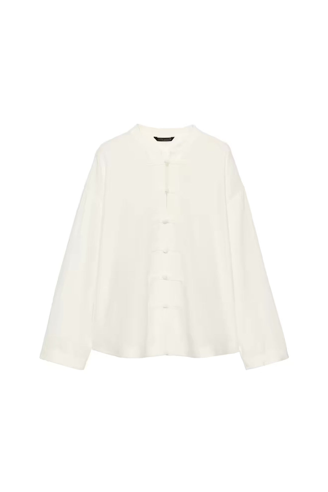 Women Loose Fit Blouse in Mandarin Look with Knot Buttons Mune Fashion