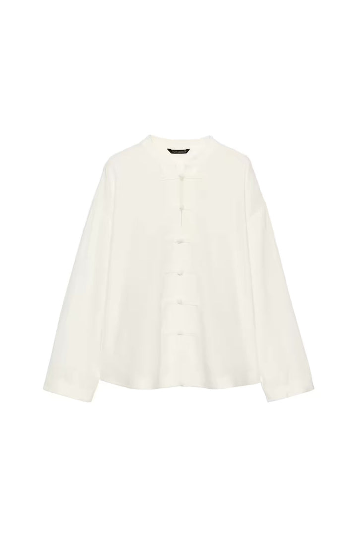 Women Loose Fit Blouse in Mandarin Look with Knot Buttons Mune Fashion
