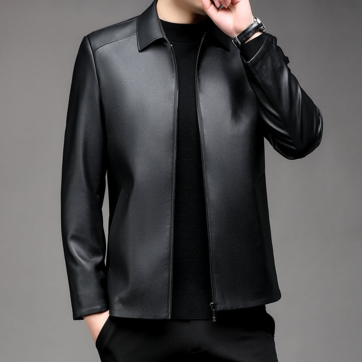 Men Smooth Faux Leather Zip Jacket with Shirt Collar and Slim Silhouette Mune Fashion