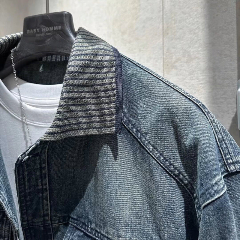 Men's Loose-Fitting Denim Jacket with Ribbed Contrast Collar and Vintage Wash Mune Fashion