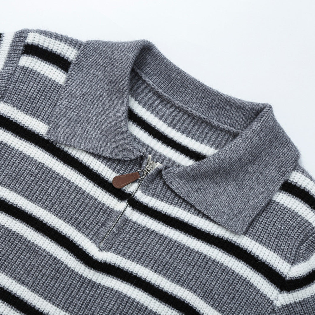 Women's Striped Knit Sweater with Polo Collar and Half Zipper Mune Fashion
