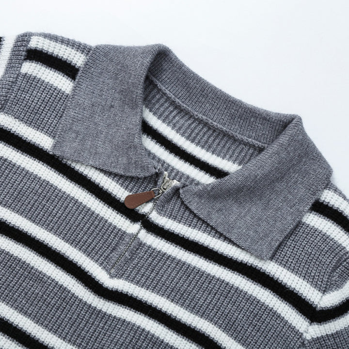 Women's Striped Knit Sweater with Polo Collar and Half Zipper Mune Fashion