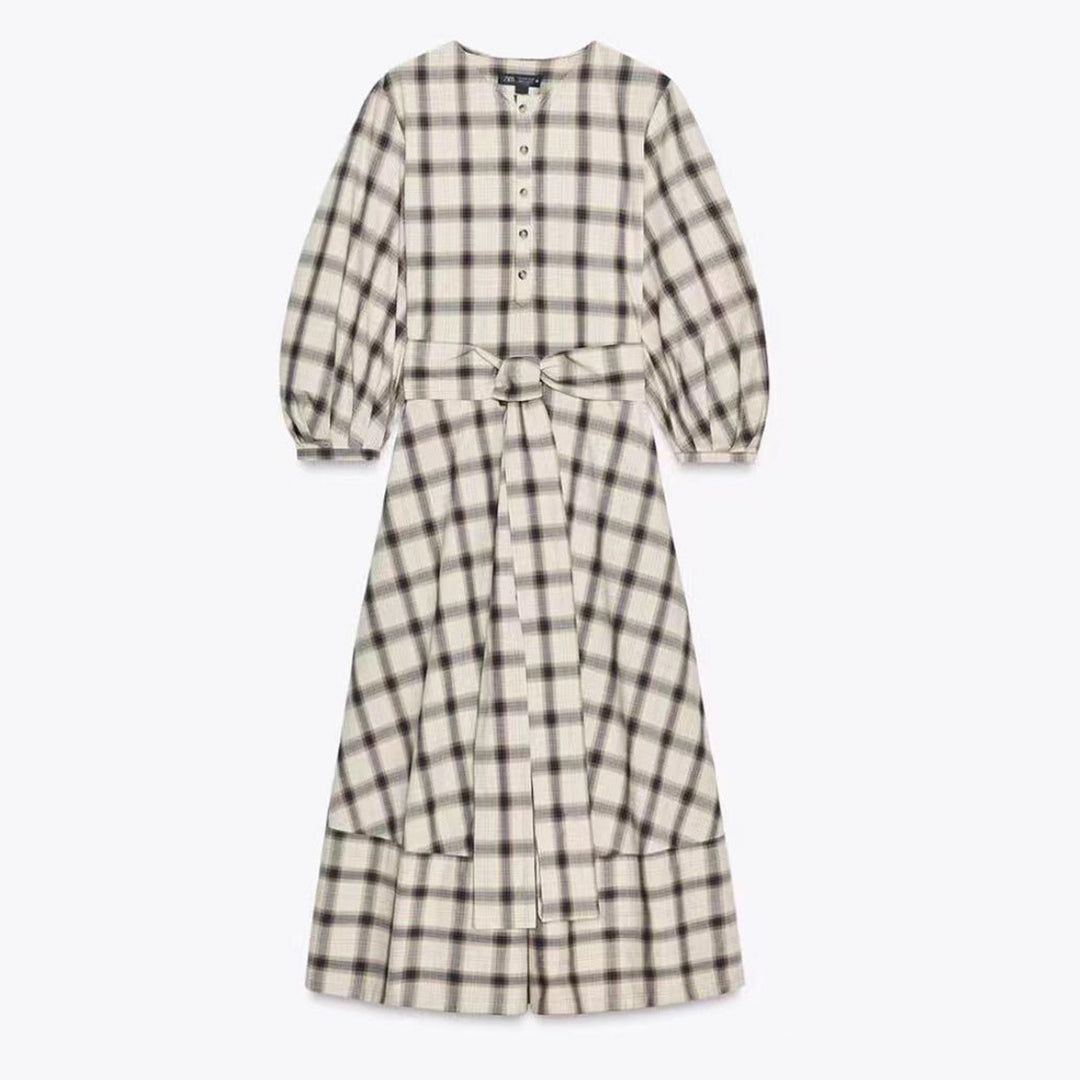 Ladies checked midi dress with balloon sleeves, waist belt and decorative button placket Mune Fashion