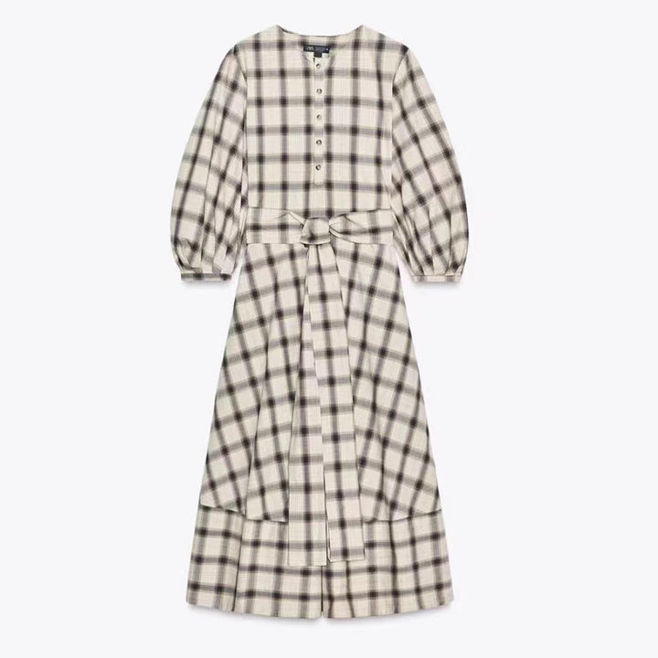 Ladies checked midi dress with balloon sleeves, waist belt and decorative button placket Mune Fashion
