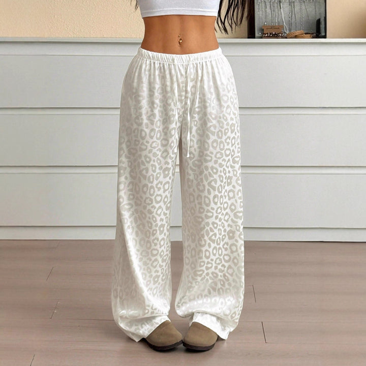 Women's Palazzo Style Loungewear Pants with Leopard Jacquard and Drawstring Mune Fashion