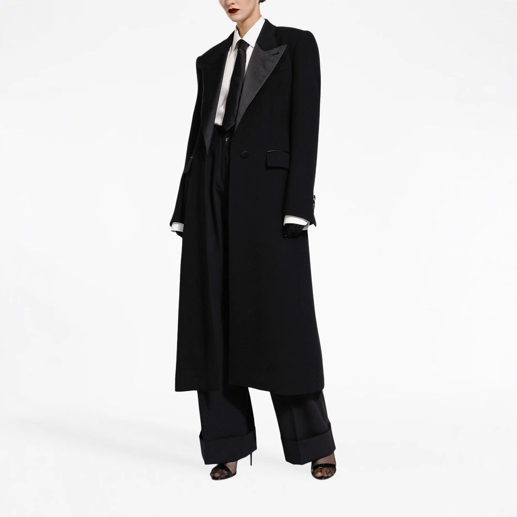 Women Elegant Tuxedo Pantsuit with Long Coat and Wide Pleated Trousers Mune Fashion