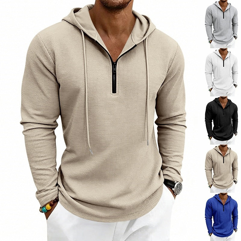 Men's Casual Waffle Fabric Hoodie with Half Zipper and Hood Mune Fashion