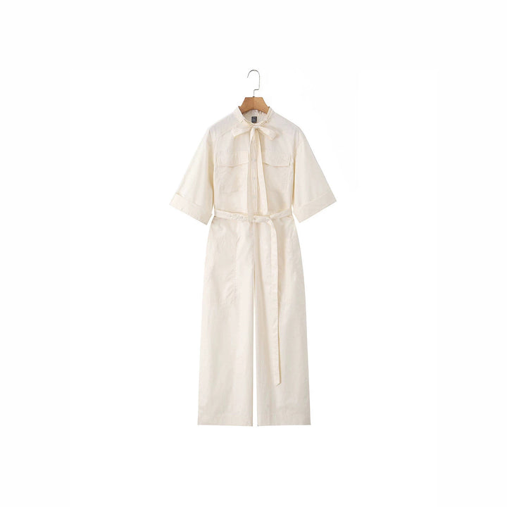 Women’s Longer Utility Jumpsuit with Shirt Collar and Tie Belt Mune Fashion