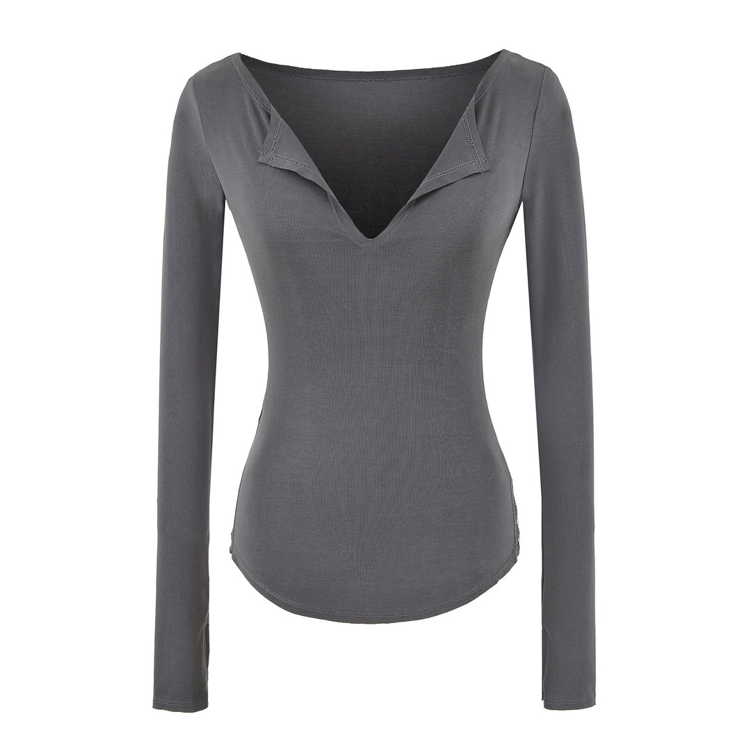 Women's fitted ribbed knit long sleeve with deep V-neck and collar trim Mune Fashion
