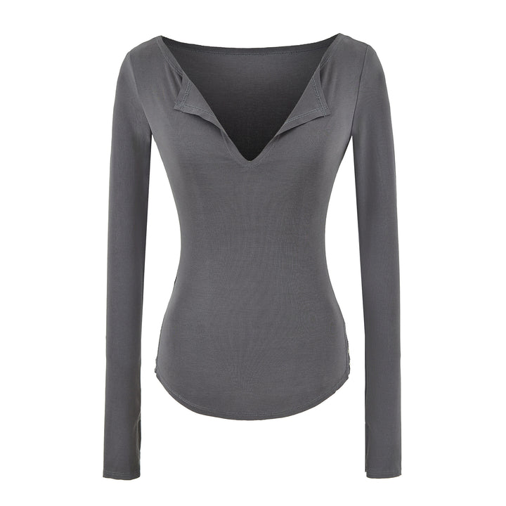 Women's fitted ribbed knit long sleeve with deep V-neck and collar trim Mune Fashion