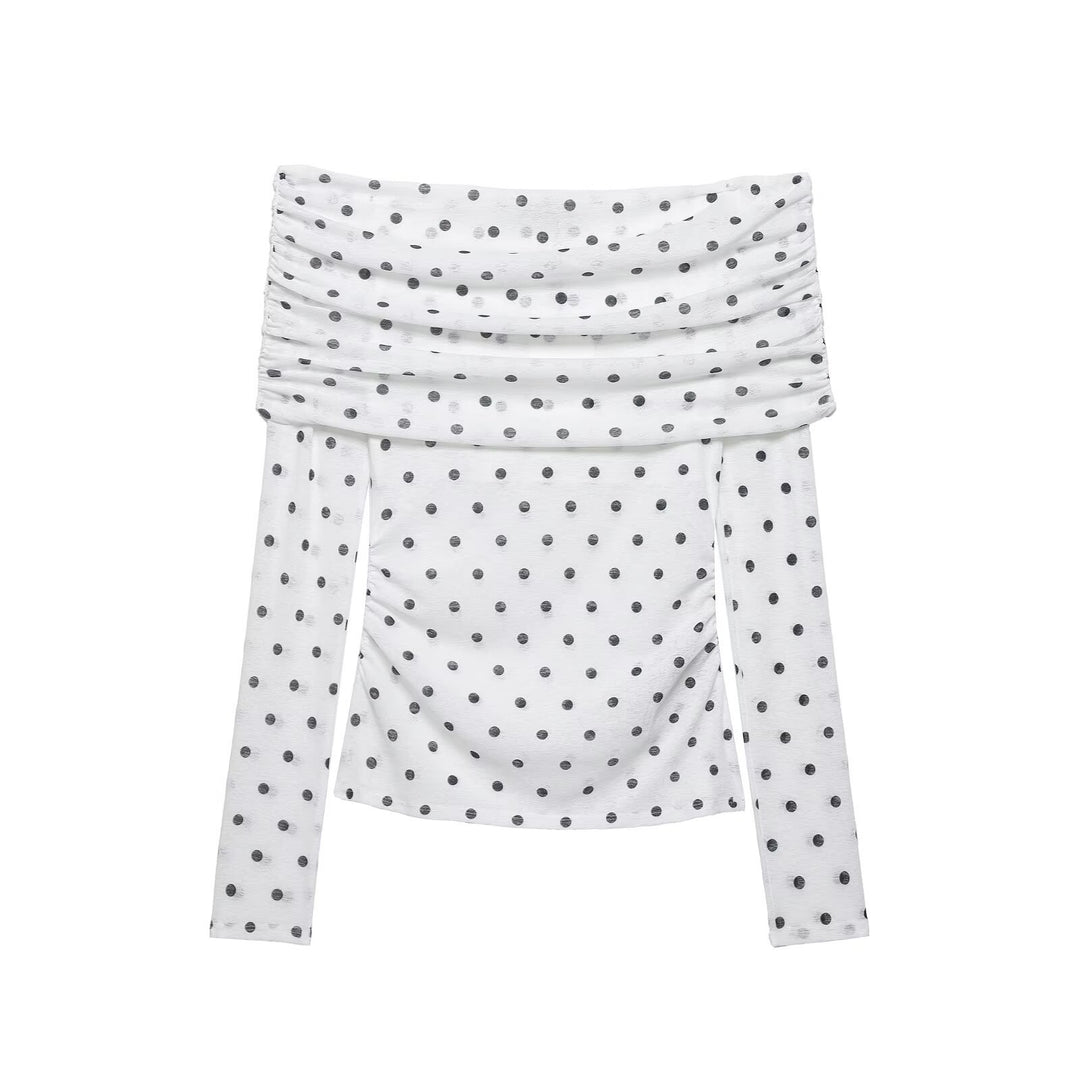 Women's Off-Shoulder Long Sleeve Top with Waterfall Neckline and Polka Dot Print Mune Fashion