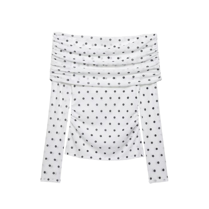 Women's Off-Shoulder Long Sleeve Top with Waterfall Neckline and Polka Dot Print Mune Fashion