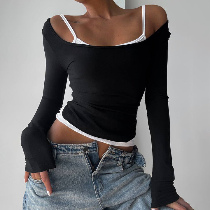 Women tailored longsleeve cropped top with square neckline and double spaghetti straps Mune Fashion