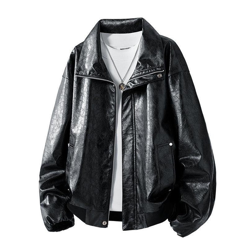 Women's Fashionable Faux Leather Jacket with High Collar Mune Fashion
