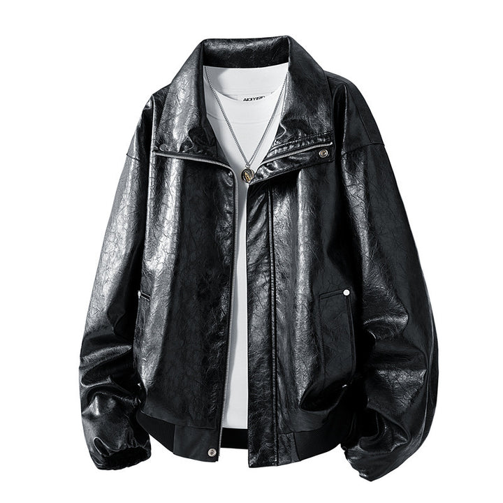 Women's Fashionable Faux Leather Jacket with High Collar Mune Fashion