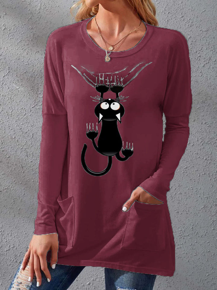 Women’s Longer Cotton Blend Tunic Shirt with Cartoon Cat Print and Side Pockets Mune Fashion