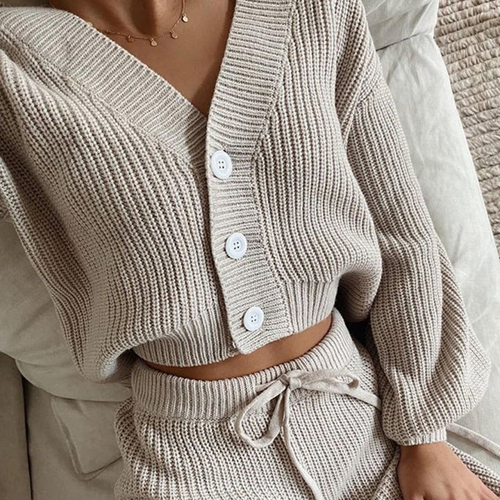 Women Ribbed Knit Loungewear Set with Buttoned Cropped Cardigan and High-Waist Drawstring Pants Mune Fashion