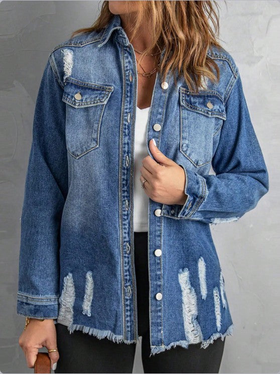 Women Casual Oversized Denim Jacket with Destroyed Details, Shirt Collar and Fringed Hem Mune Fashion