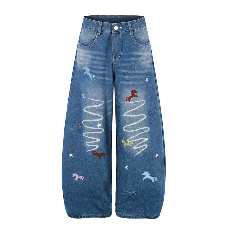 Ladies Wide High-Waist Palazzo Pants made of Denim with Horse Embroidery and Culotte Cut Mune Fashion