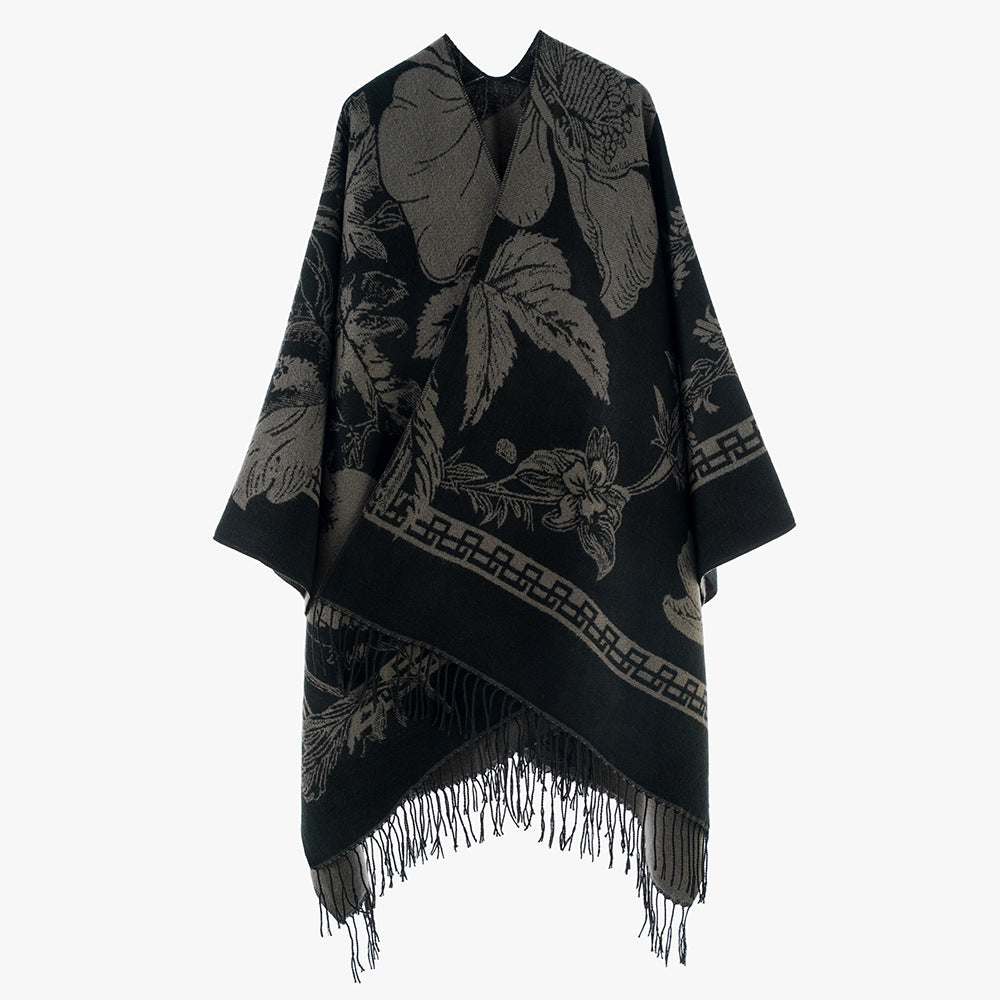 Women's lightweight jacquard poncho with floral all-over pattern, asymmetrical pointed hem and fringes