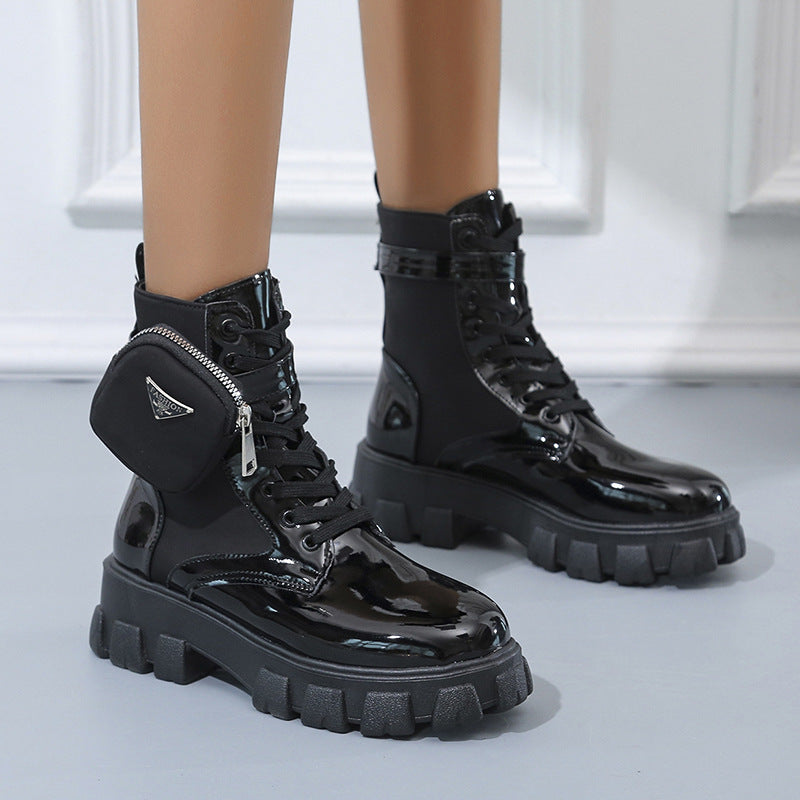 Ladies' lace-up mid-calf boot in utility style with detachable mini pouch and platform profile sole Mune Fashion