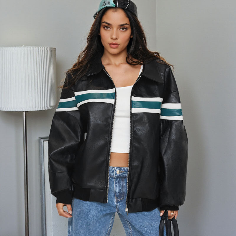 Women's Faux Leather Bomber Jacket with Retro Stripes and Full Zip Mune Fashion