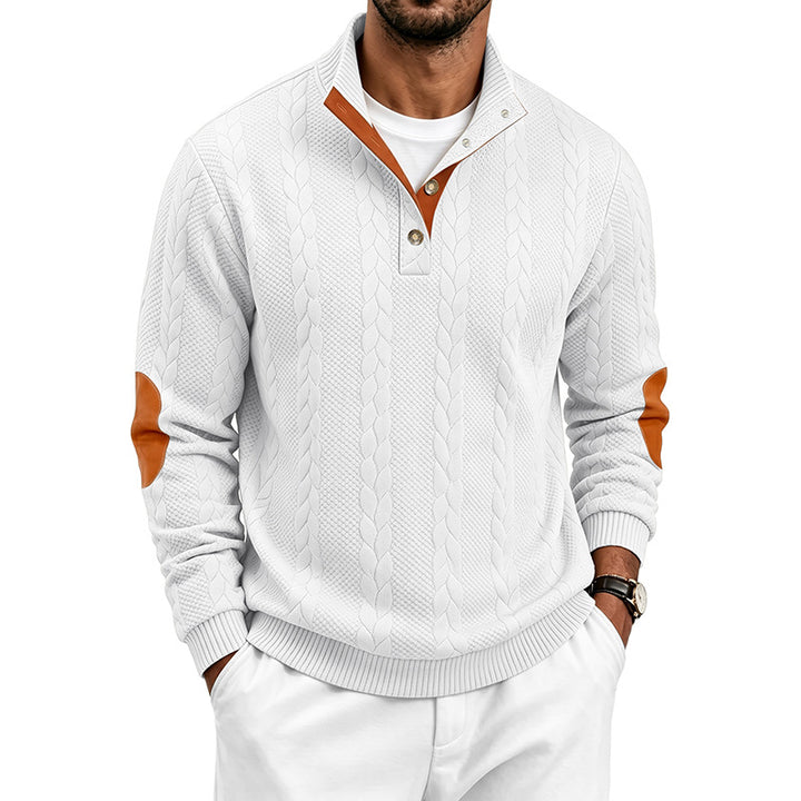 Men's troyer pullover with cable pattern, elbow patches and contrasted button placket Mune Fashion
