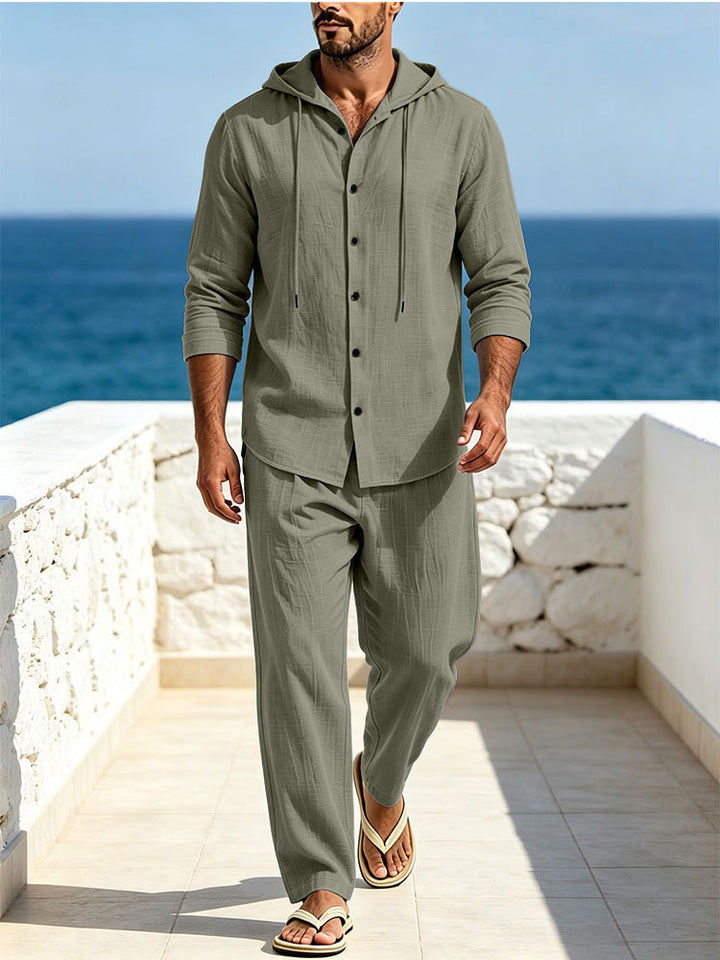 Men's Breathable Cotton Gauze Loungewear Set with Hooded Shirt and Loose Summer Pants Mune Fashion