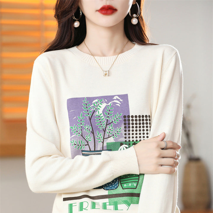 Women’s Lightweight Round Neck Sweater with Graphic Plant Print and Fine Knit Mune Fashion