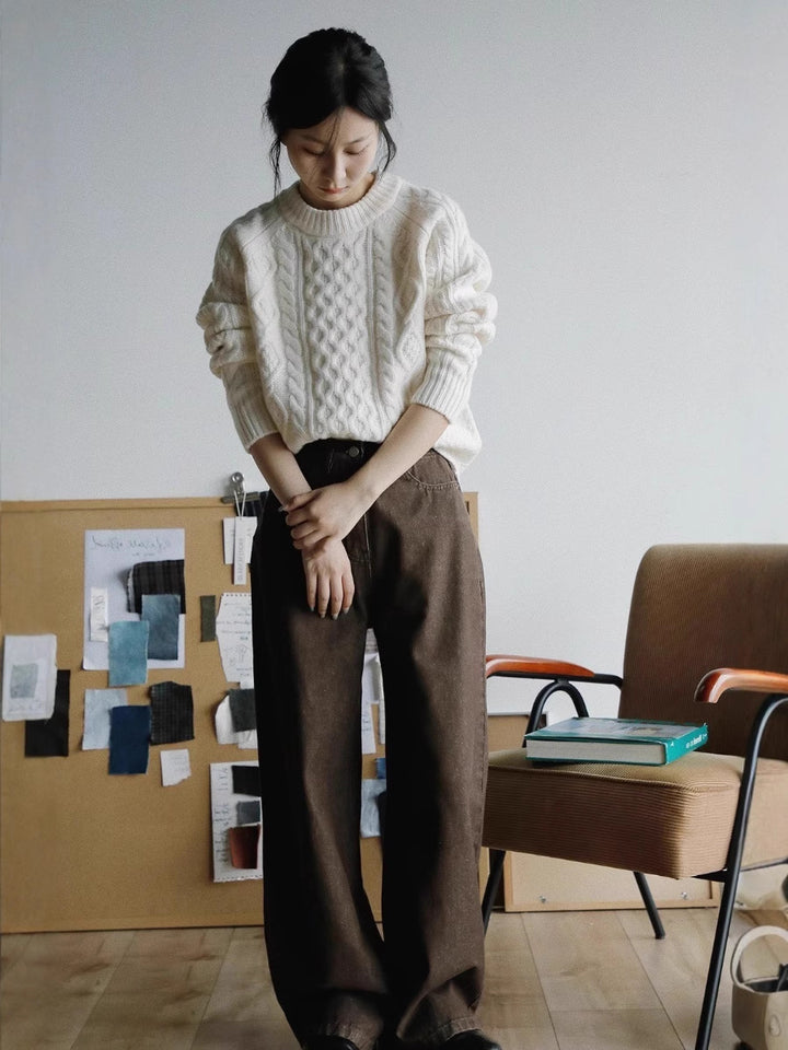 Women's Structured Cable Knit Sweater Made of Merino Blend with Ribbed Finishes and Boxy Fit Mune Fashion