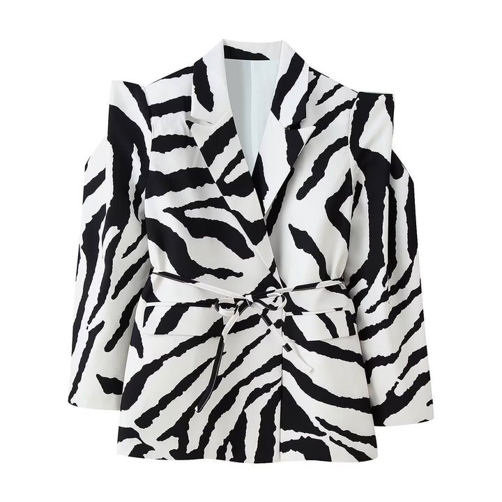 Women’s Blazer with Zebra Print, tailored tie belt and cut-out shoulders Mune Fashion
