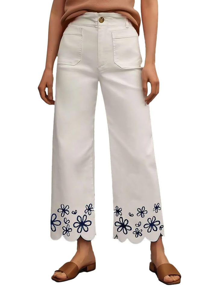 Women High-Waisted Cropped Palazzo Pants with Floral Embroidery and Wave Hem Mune Fashion