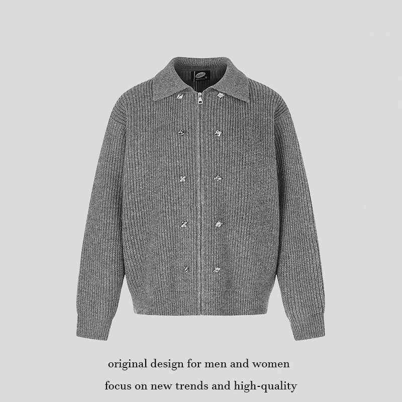 Women's chunky knit zip jacket with shirt collar and decorative buttons Mune Fashion