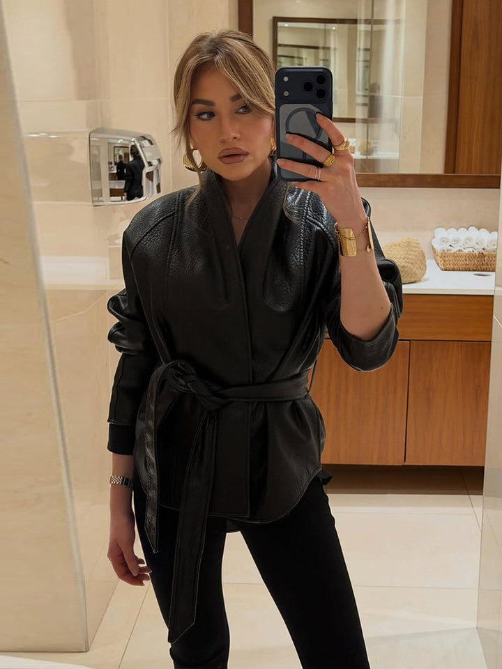 Women's Tailored Leather Jacket with Wrap Belt and Kimono Collar Mune Fashion