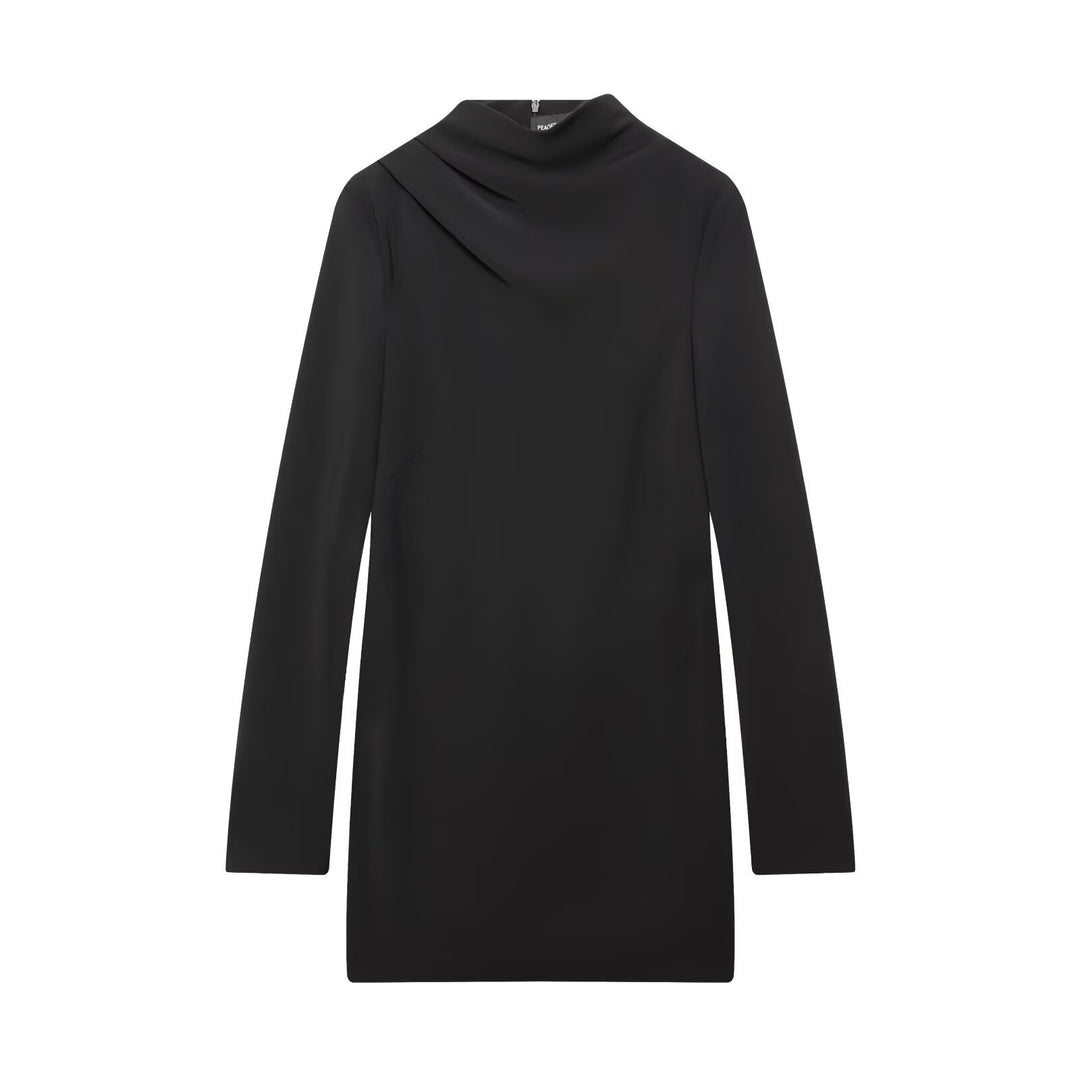 Women's Fitted Mini Dress with Draped Stand Collar Mune Fashion