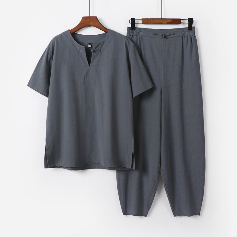 Men's Two-Piece Set with Short Sleeve Stand Collar Shirt and Elastic Harem Pants Mune Fashion
