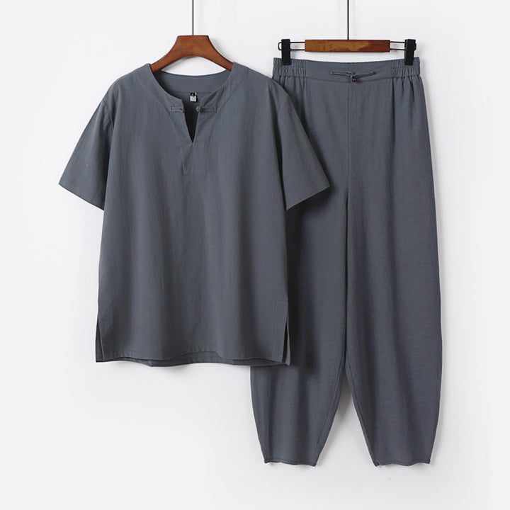 Men's Two-Piece Set with Short Sleeve Stand Collar Shirt and Elastic Harem Pants Mune Fashion