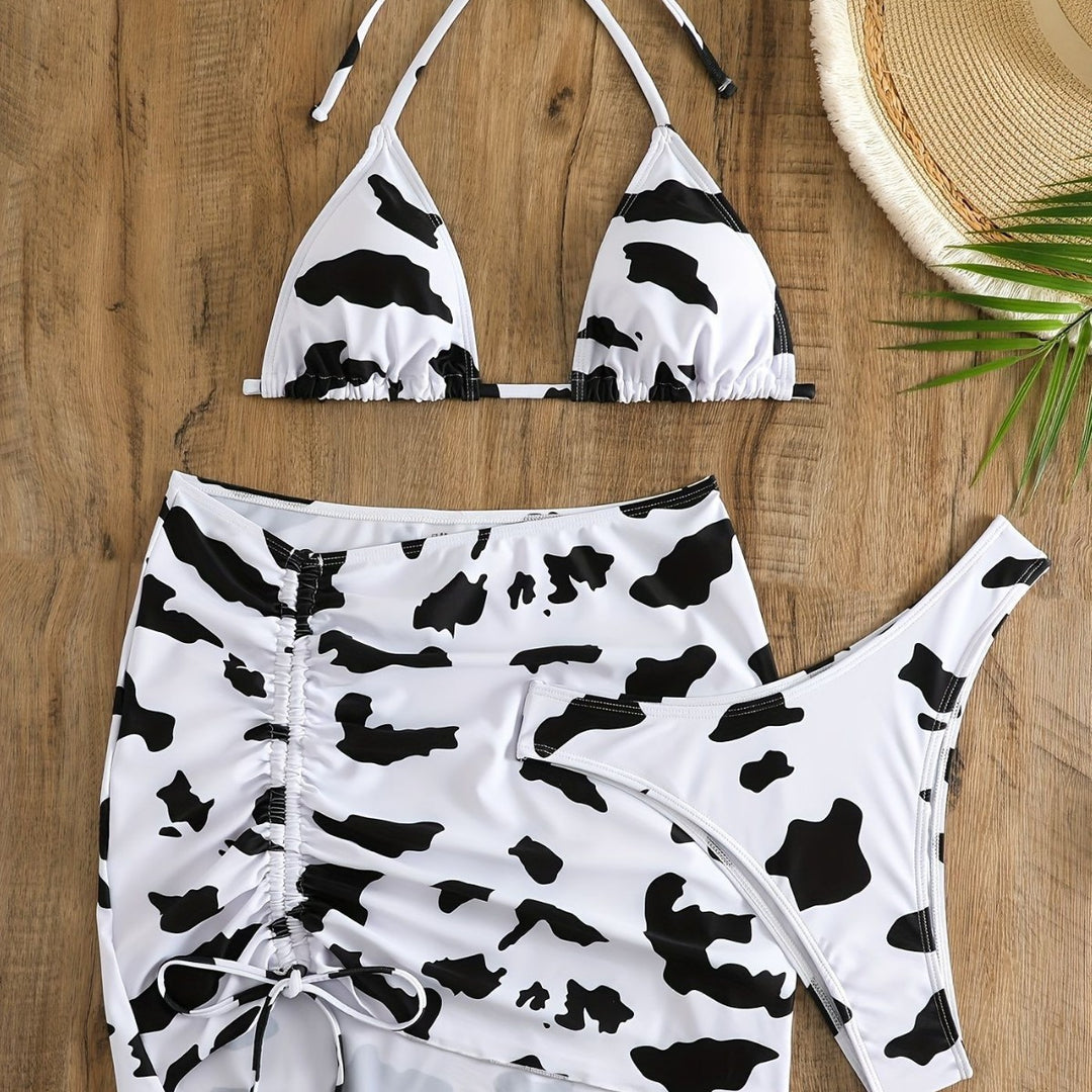 Women's triangle bikini with adjustable skirt and unique cow pattern Mune Fashion