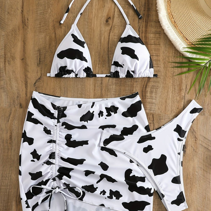 Women's triangle bikini with adjustable skirt and unique cow pattern Mune Fashion