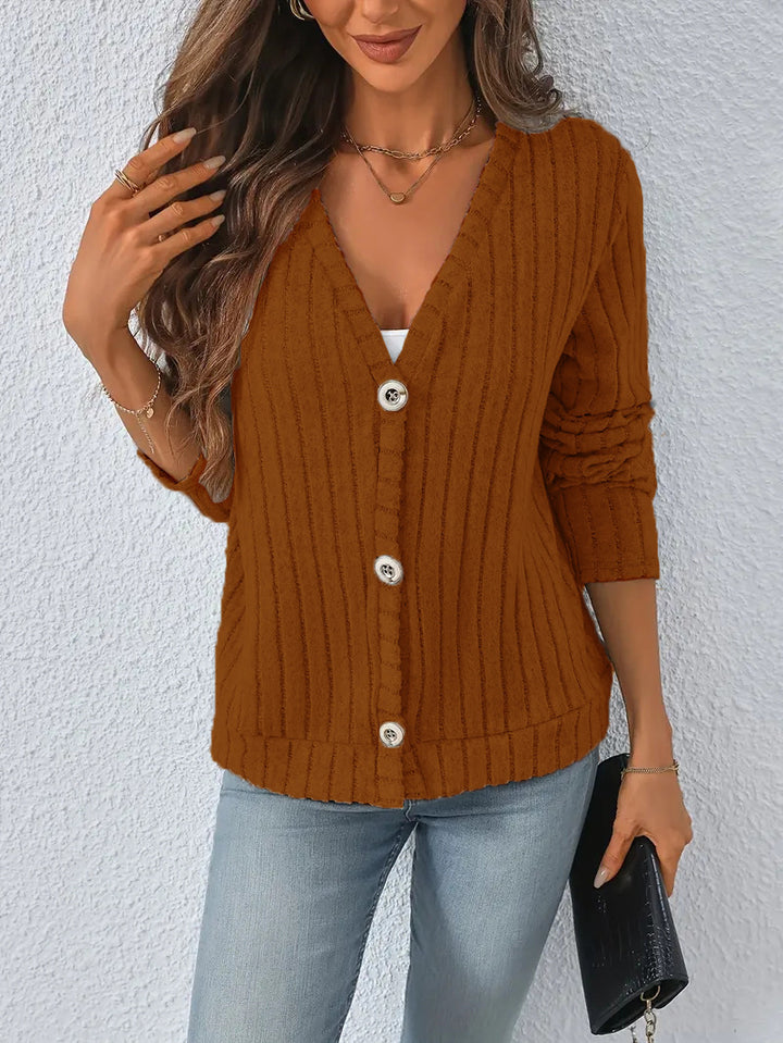 Women’s ribbed V-neck knit cardigan with decorative buttons, slightly dropped shoulder and boxy hem Mune Fashion