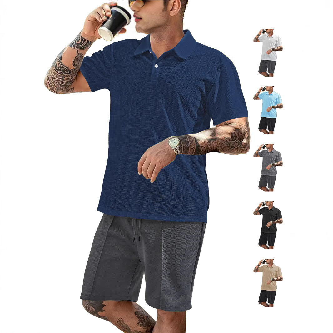 Men's two-piece summer travel set with textured short-sleeve polo shirt and functional mesh shorts Mune Fashion