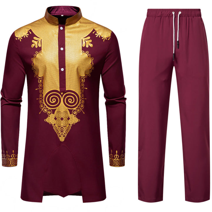 Men's Traditional Tunic Set with Mandarin Collar and Gold-Embellished Ornaments Mune Fashion