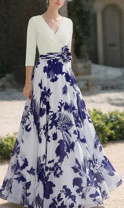 Women Floral Maxi Dress with Wrap Top, Three-Quarter Sleeves and Flared Skirt Mune Fashion