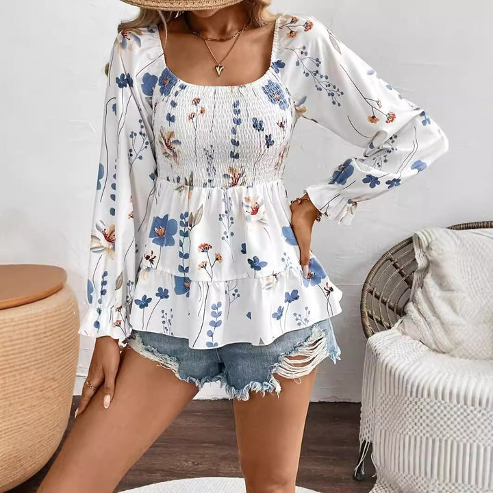 Women's nan smoke top with square neckline, tiered ruffle and balloon sleeves Mune Fashion