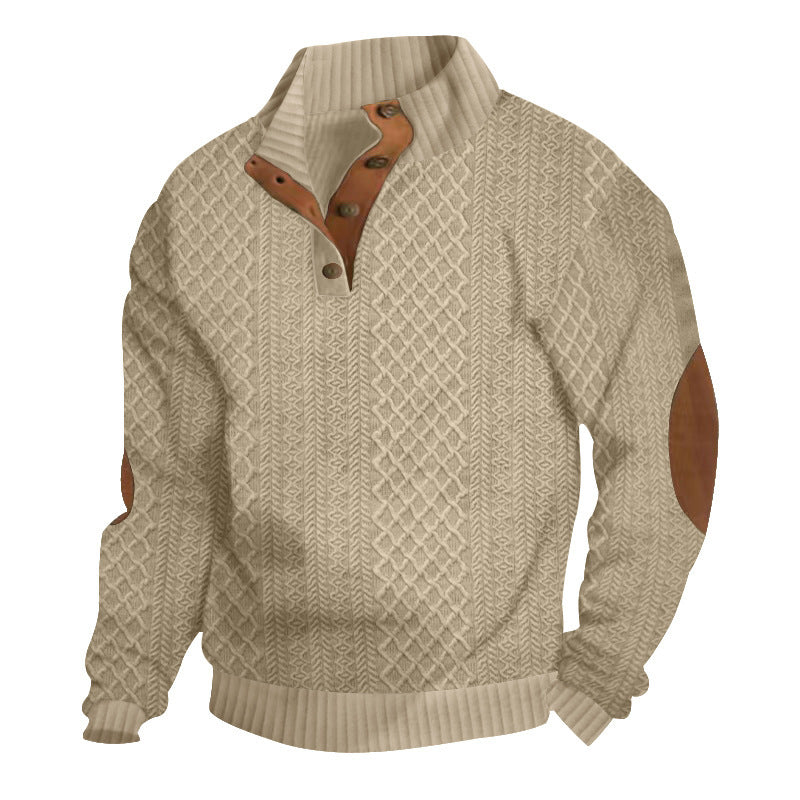 Men's Structured Aran Knit Sweater with Half Button Placket Collar and Leather Elbow Patches Mune Fashion