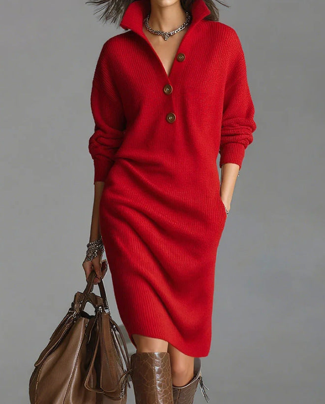 Women's knitted sweater dress with polo collar, patch pockets and casual fit Mune Fashion